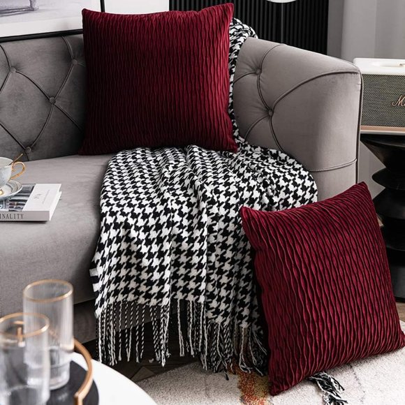 XL Set 2 Red Wine Soft Ripple Corduroy Velvet Pillow Covers Maroon Pillows New - Picture 6 of 13